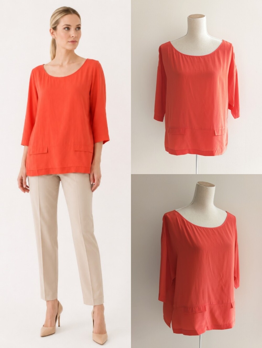 Silk Blouse By Robert Rodriguez Vibrant Orange 3/4 Sleeve Tunic